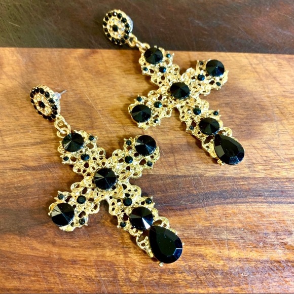 Boho Crystal Cross Drop Statement Earrings - Picture 4 of 6